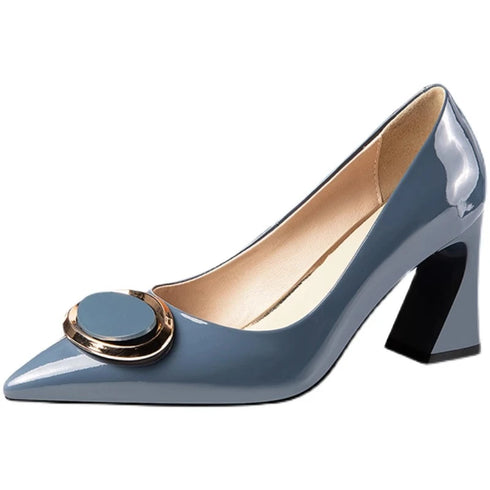Elegant Pointed Toe Mary Janes with Patent Leather Buckle and Comfortable Middle Heel for Women